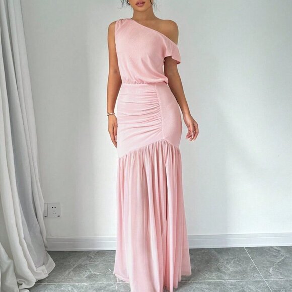 Pink Elegant Women's Summer Solid Color High Slit Oblique Shoulder Mesh Dress - Picture 4 of 6